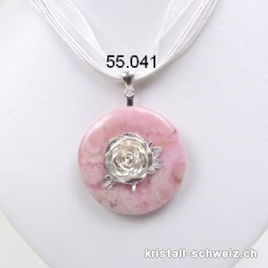 Halskette Donut Rhodochrosit 4 cm mit ROSE aus 925 Silber. Einzelstück