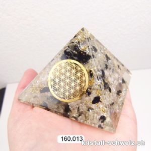 Pyramid Orgonit - Orgon 7 cm, Bergkristall, Turmalin schwarz, Blume des Lebens