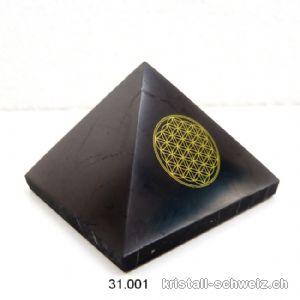 Pyramid Schungit, Basis 5 cm mit Blume des Lebens gold