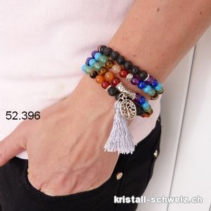 Armband Chakren und Lava, Mala elastisch mit Quaste und Baum des Lebens