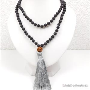 Halskette Lava Stein - Mala geknotet 108 Perlen / 80 cm, mit Rudraksha und silberne Quaste