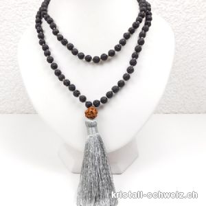 Halskette Lava Stein - Mala geknotet 108 Perlen / 80 cm, mit Rudraksha und silberne Quaste