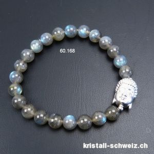 Armband Labradorit A, 8 mm/18,5 cm, mit BUDDHA 925 Silber