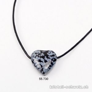 Obsidian Schneeflocken, Herz 2 cm gebohrt mit Lederband