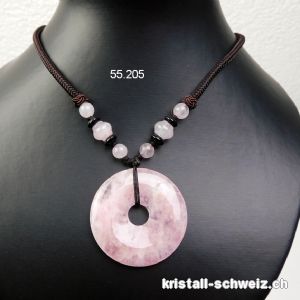 Halskette Donut Rosenquarz 4 cm mit Stoffschnur dunkle braun. SONDERANGEBOT 