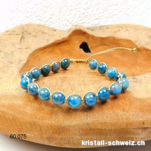 Armband Apatit blau 8 mm, mit verstellbarer goldener Satinschnur