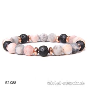 Armband rosa u. grauer Zebra Marmor MATT mit Lava Stein 8 mm / 19 cm