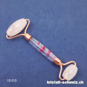Massage-Roller Rosenquarz hell mit Blumen-Dekor 14,5 cm