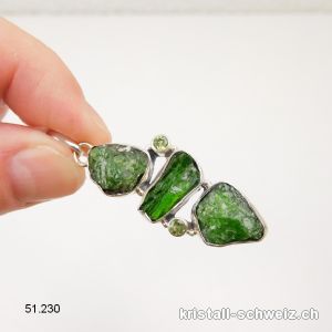 Anhänger Chromdiopsid roh mit Peridot aus 925 Silber. Unikat
