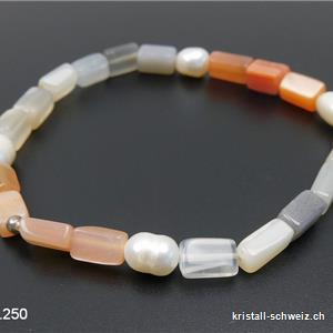 Armband Rechtecke Mondstein u. Perlen, elastisch ca. 20 cm. Größe XL