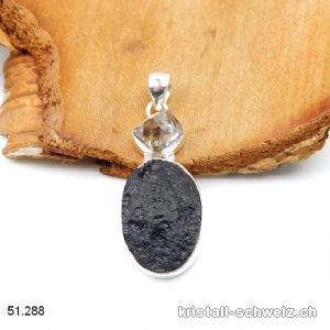 Anhänger Tektit mit Herkimer Diamant aus 925 Silber. Unikat