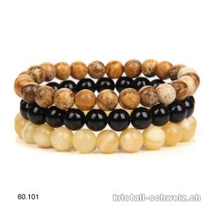 3 Armbänder Calcit gelb - Onyx schwarz - Landschaft Jaspis 8 mm / 21 cm