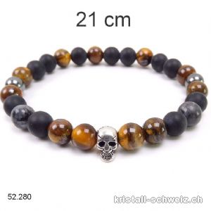 Armband SCHÄDEL Tigerauge, Hämatit, Obsidian MATT, Larvikit 8 mm / 21 cm