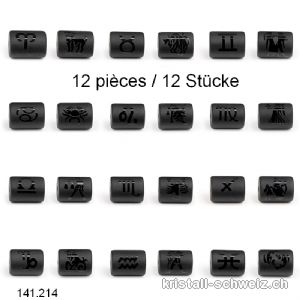 12 x Obsidian schwarz Röhren gebohrt 14 x 10 mm, 12 Sternzeichen