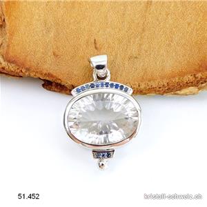 Anhänger Bergkristall oval u. Saphir aus 925 Silber rhodiniert