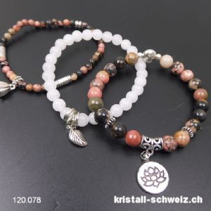 3 Armbänder BERUHIGUNG, Rhodonit u. Jade weiss. Sonderangebot