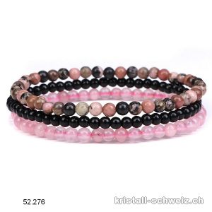 3 Armbänder EMOTIONALES GLEICHGEWICHT, Onyx schwarz, Rhodonit, Rosenquarz. Sonderangebot