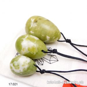 Set 3 Eier YONI Jade Serpentin grün-weiss, Gebohrt. Sonderangebot