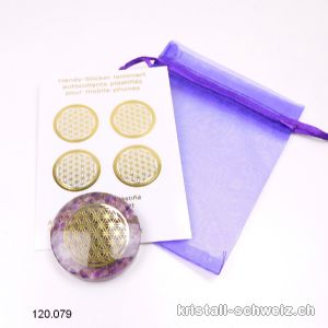Thaler Orgonit Blume des Lebens - Amethyst u. Sticker Blume des Lebens. Sonderangebot