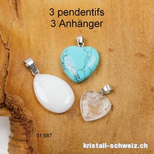 3 Anhänger, Bergkristall, Jade weiss, Türkenit. SONDERANGEBOT