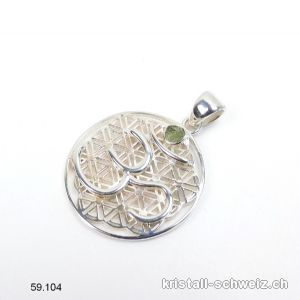 Anhänger Moldavit roh - BLUME DES LEBENS u. OM aus 925 Silber
