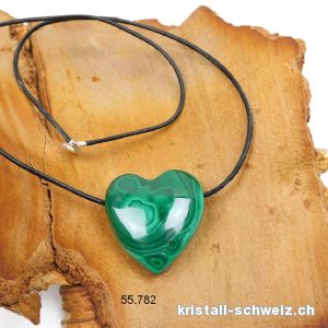 Malachit Herz 3 cm gebohrt mit Lederkette und Silberverschluss L. 45 cm. Unikat