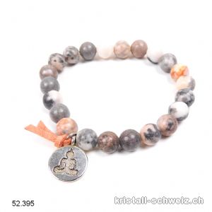 Armband Zebra Marmor grau u. rosa 8,5 mm / 18 - 19 cm. Mit Buddha Charm