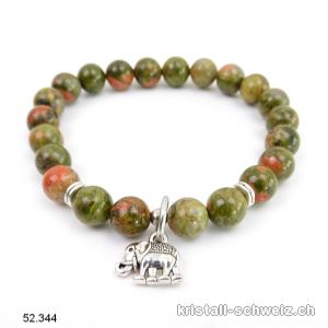 Armband Unakit - Epidot 8,5 mm / 19 cm. MIT ELEFANT. Sonderangebot