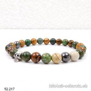 Armband SCHÄDEL Chrysokoll, Tigerauge, Bilderjaspis, Hämatit 8 mm / 21 cm