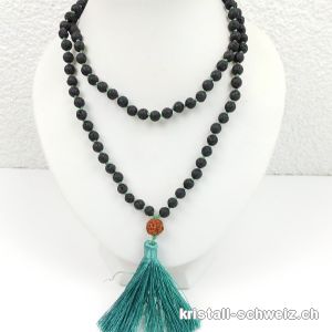 Halskette Lava Stein - Mala geknotet 108 Perlen / 80 cm, mit Rudraksha und grüne Quaste