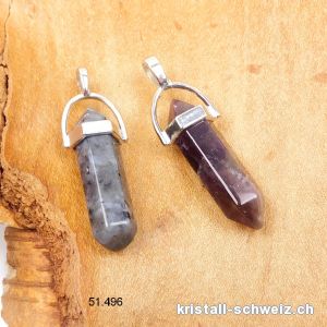 2 Anhänger, 1 x Amethyst, 1 x Larvikit, an Metall. SONDERANGEBOT