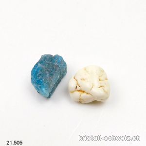 1 x Apatit blau roh u. 1 x Magnesit Knötchen. Grösse S, 1 bis 2 cm. Sonderangebot