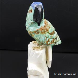 Papagei Türkis - Chysokoll auf weißem Aragonit-Sockel. Unikat
