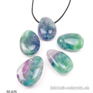 Fluorit Regenbogen hell 2,7 - 3 cm, gebohrt mit Lederband