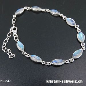 Armband Mondstein Regenbogen Navette aus 925 Silber. Verstellbar 17 - 20 cm