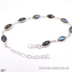 Armband Labradorit blau Navette aus 925 Silber. Verstellbar 17 - 20 cm