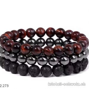 3 Armbänder VERANKERUNG und KRAFT - Tigerauge rot, Hämatit, Lava Stein