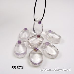 Bergkristall gebohrt mit Cabochon Amethyst und Lederband. SONDERANGEBOT