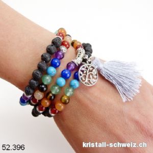 Armband Chakren und Lava, Mala elastisch mit Quaste und Baum des Lebens