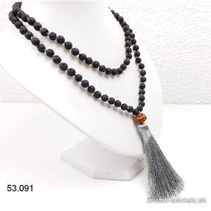 Halskette Lava Stein - Mala geknotet 108 Perlen / 80 cm, mit Rudraksha und silberne Quaste