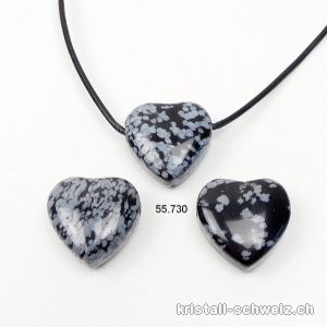 Obsidian Schneeflocken, Herz 2 cm gebohrt mit Lederband