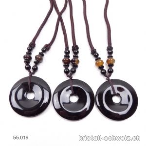 Halskette Donut Onyx schwarz 4 cm, mit Stoffschnur dunklebraun