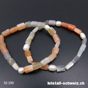 Armband Rechtecke Mondstein u. Perlen, elastisch ca. 20 cm. Größe XL