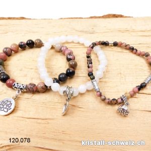 3 Armbänder BERUHIGUNG, Rhodonit u. Jade weiss. Sonderangebot