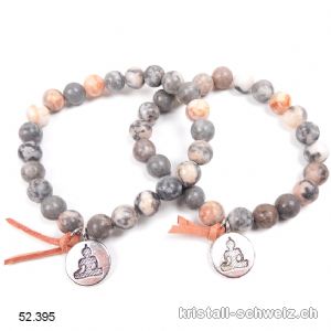 Armband Zebra Marmor grau u. rosa 8,5 mm / 18 - 19 cm. Mit Buddha Charm