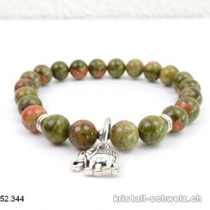 Armband Unakit - Epidot 8,5 mm / 19 cm. MIT ELEFANT. Sonderangebot