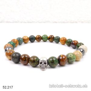 Armband SCHÄDEL Chrysokoll, Tigerauge, Bilderjaspis, Hämatit 8 mm / 21 cm