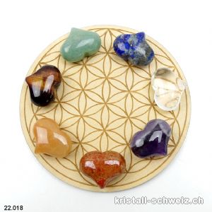 Chakren Set, 7 Edelstein-Herzen 2,5 cm und Holz-Untersetzer Blume des Lebens 10 cm