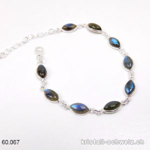 Armband Labradorit blau Navette aus 925 Silber. Verstellbar 17 - 20 cm