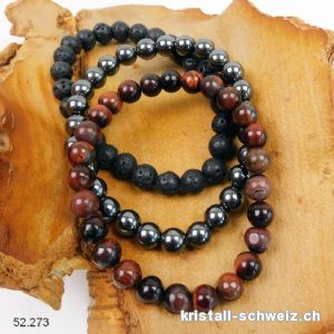 3 Armbänder VERANKERUNG und KRAFT - Tigerauge rot, Hämatit, Lava Stein